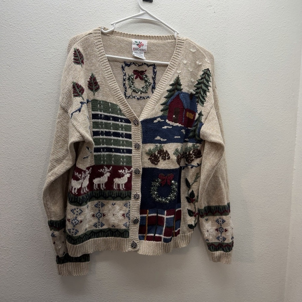 Nutcracker Sweater SZ S Patchwork Holiday Ugly Christmas Reindeer Cardigan Knit